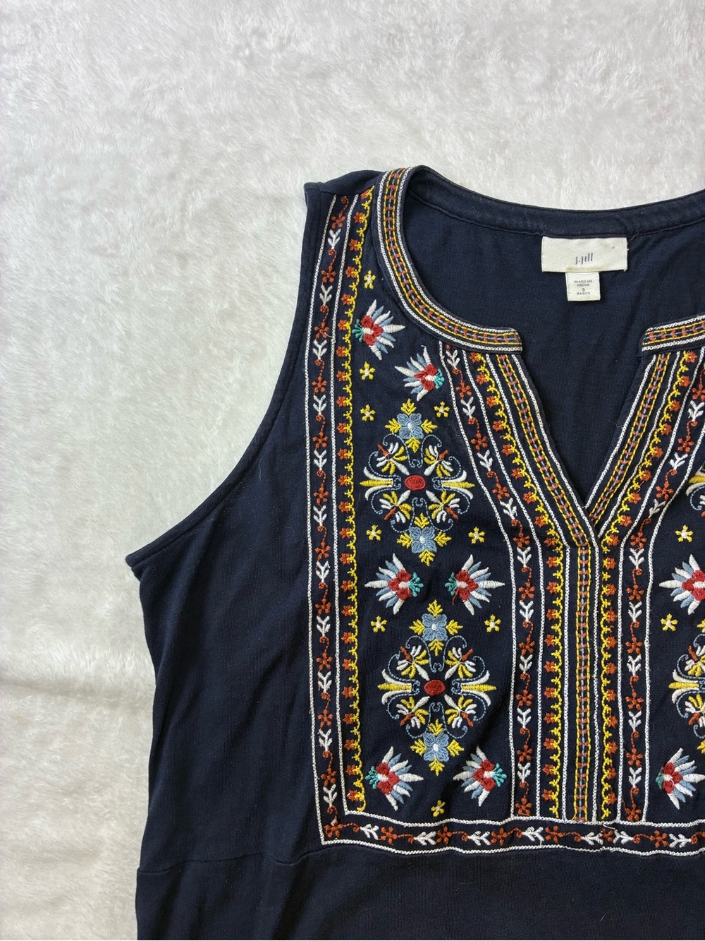 J. Jill Navy Floral Embroidered Vintage Sleeveless V-Neck Top